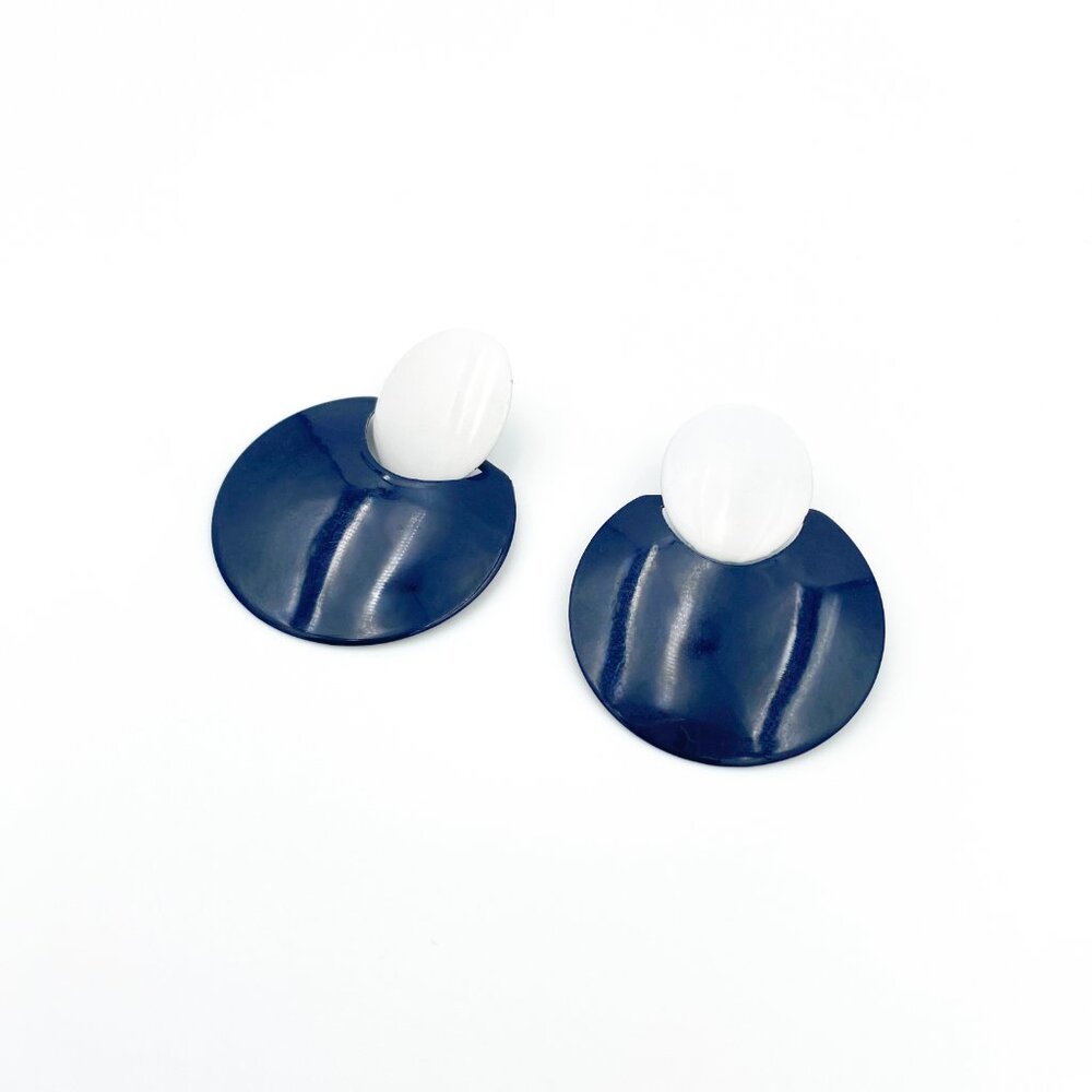 VINTAGE (c.1985) Geometric Double Circle Enamel Disc Earrings | VERY GOOD - Picture 2 of 7